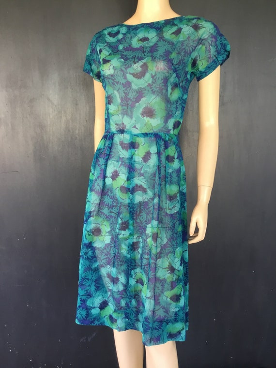 1960s blue green floral dress