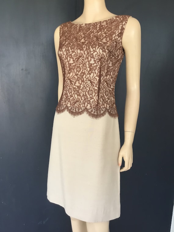 Alden, 1960s tan lace Lady Alden Shop dress