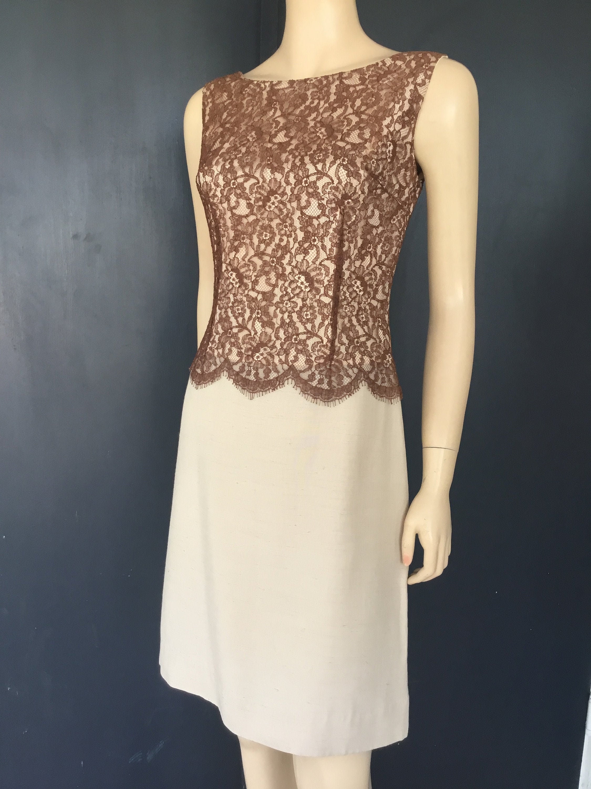 Alden, 1960s tan lace Lady Alden Shop dress