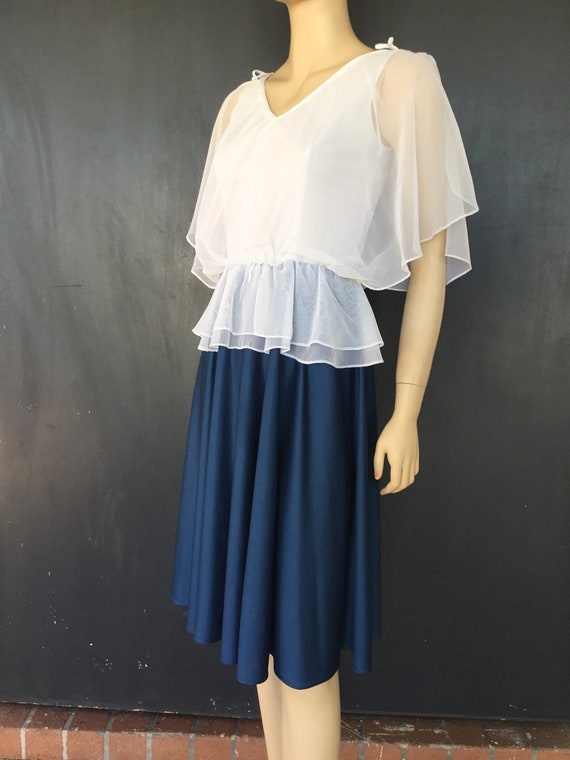 1980s white and blue polyester dress