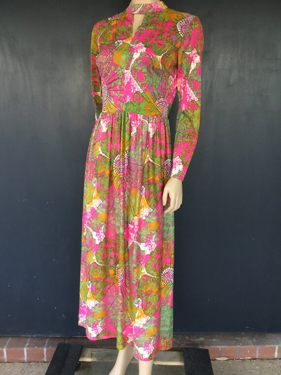 Medium to Large 70s Black /& White Floral Maxi Dress Vintage Long Sleeve Two Tone A Line Dress