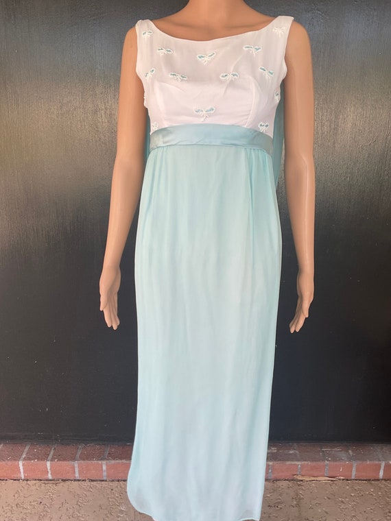 1960s white and aqua formal gown