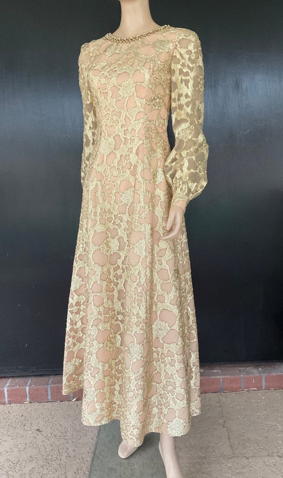 gold and cream maxi dress 1960s Gold and Cream Ann's Vogue Shop Dress