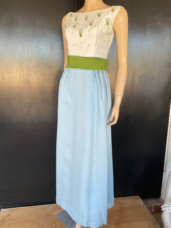 1960s white and blue maxi gown
