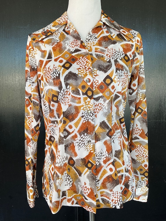 1970s white, rust and brown blouse