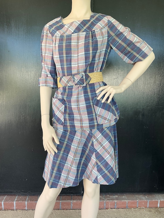 1970s gray, beige and blue dress