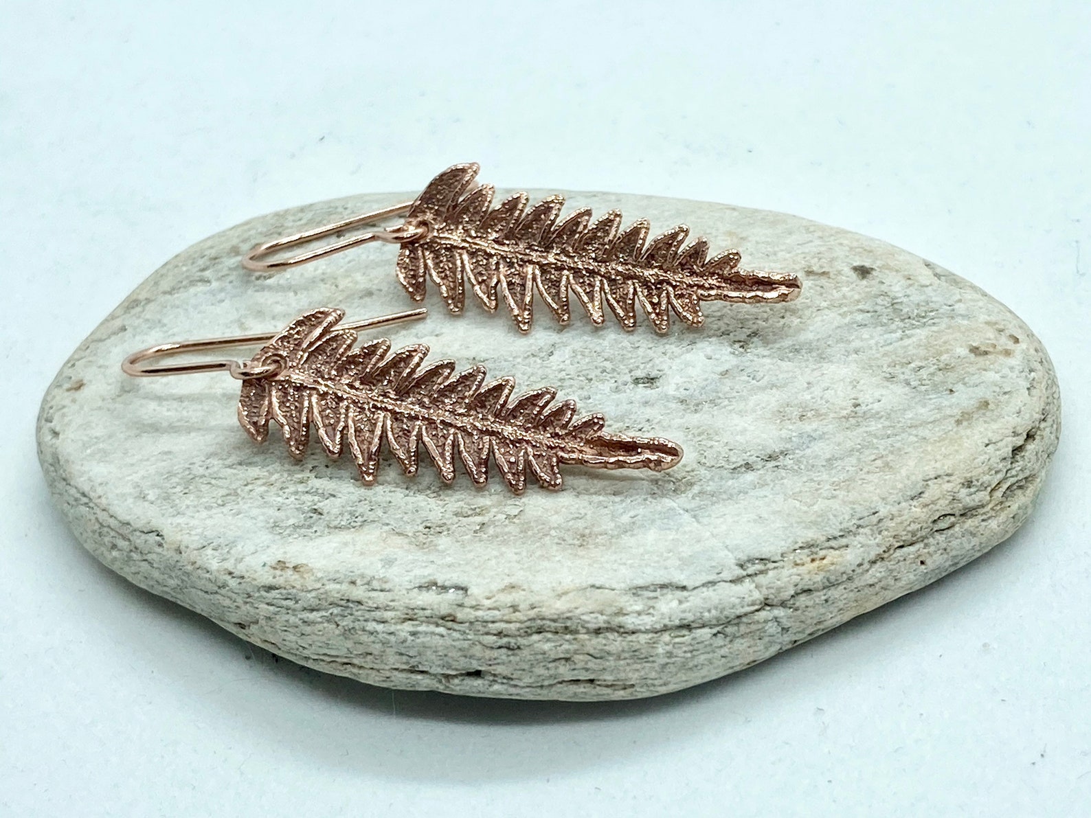 Copper Fern Drop Earrings on Rose Gold Plated Ear Wires, Bracken, Botanical Jewellery, Leaf