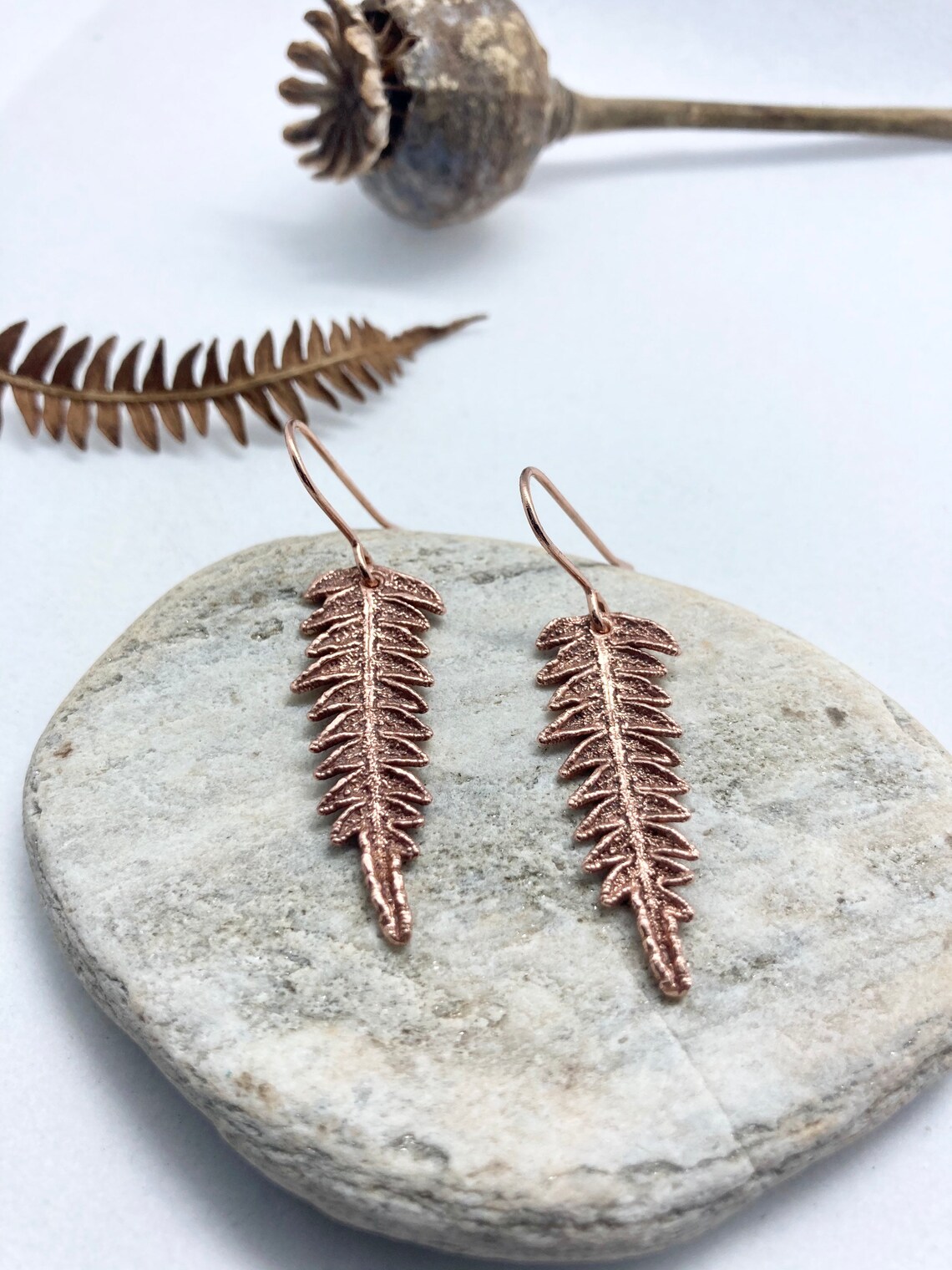 Copper Fern Drop Earrings on Rose Gold Plated Ear Wires, Bracken, Botanical Jewellery, Leaf