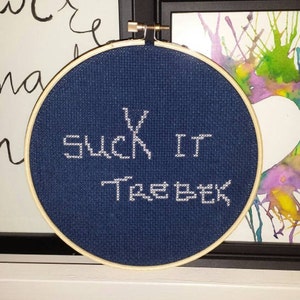 Könnte beinhalten: Ein blauer Stickrahmen mit weißen Kreuzstich-Buchstaben, die "Suck it Trebek" lesen.