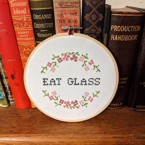 May include: A white embroidery hoop with a wooden frame. The embroidery features a green floral wreath with pink flowers and the text "EAT GLASS". The hoop is sitting on a shelf with a row of old books behind it.