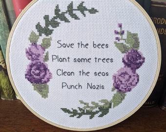 PATTERN Save the Bees, Plant Some Tree, Clean the Seas, Punch Modern Subversive Environmental Liberal Cross Stitch Pattern