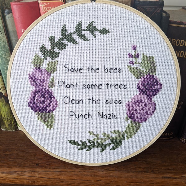 PATTERN Save the Bees, Plant Some Tree, Clean the Seas, Punch Modern Subversive Environmental Liberal Cross Stitch Pattern