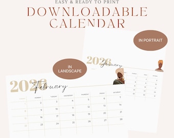 May include: Downloadable calendar with a minimalist design. The calendar features the year 2026, with months like January and February displayed. The design includes the text "Easy & Ready to Print" and options for landscape and portrait views.