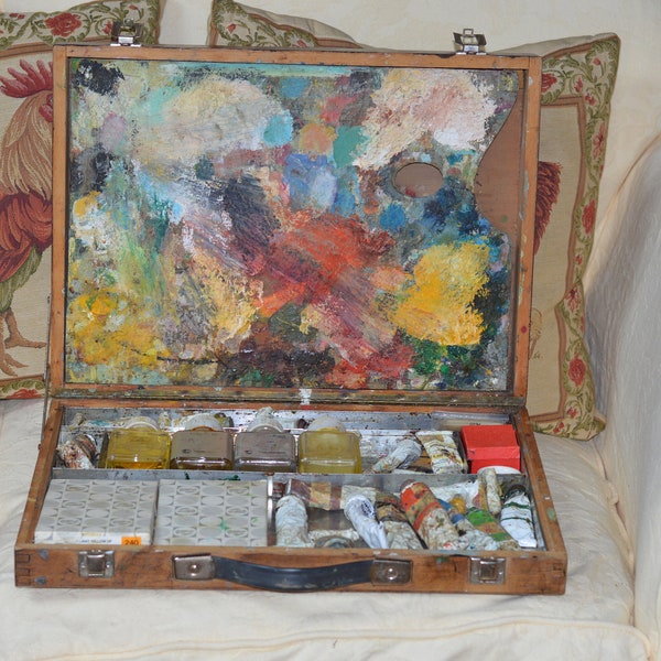 Vintage painters box / Italian artists box by Maimeri / Wooden paint box with accessories / Paint box with palette / Large Italian paint box