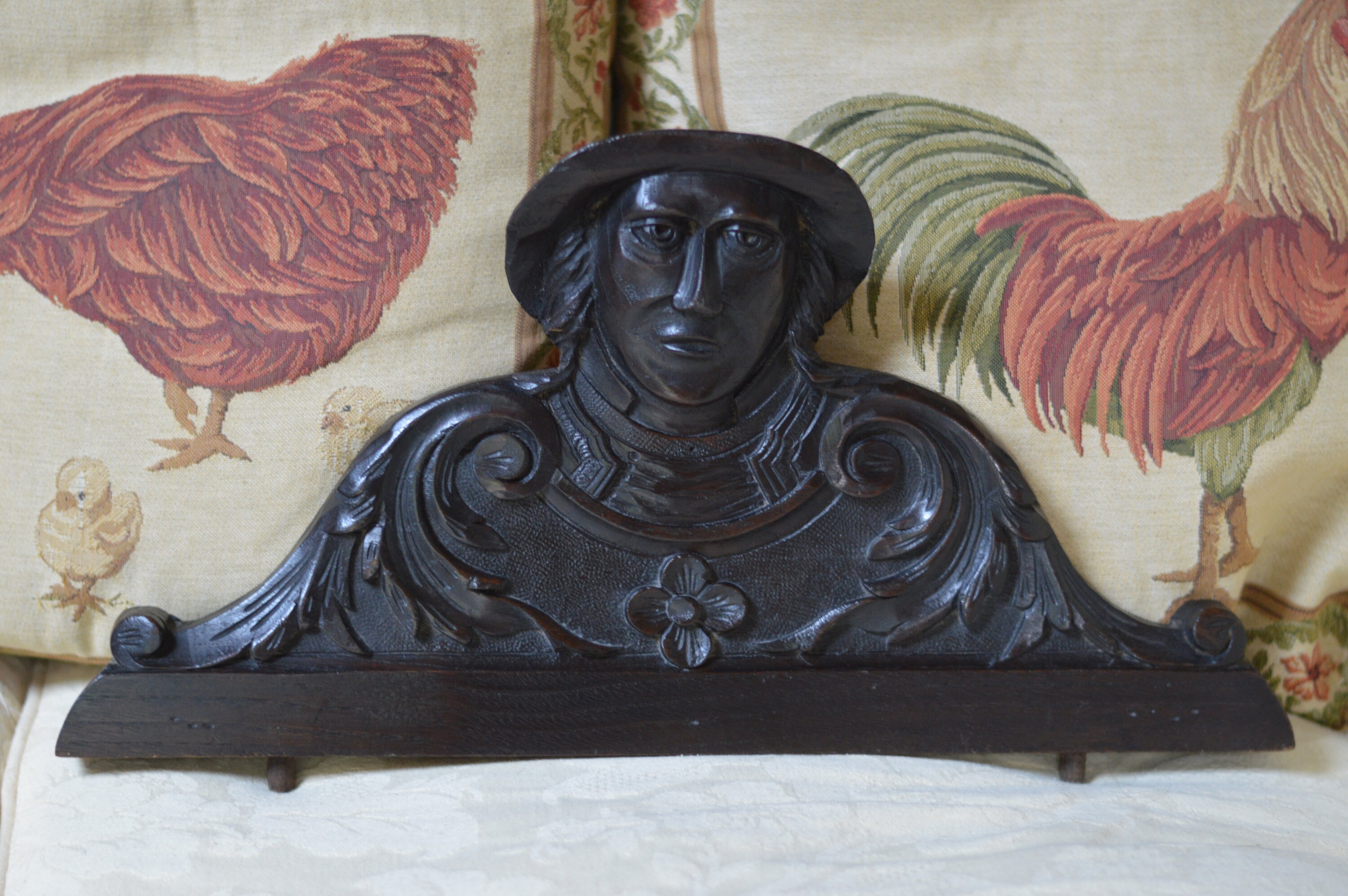 Français Figure Sculptée en Chêne Du 17Ème Siècle/Panneau de Français Sculpture Ecclésiastique Tête 