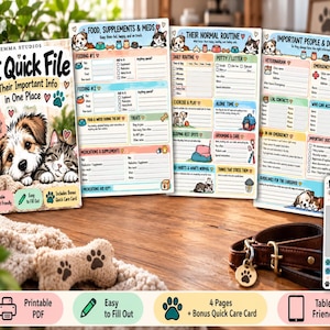 May include: A Pet Quick File printable planner set featuring a cover with a puppy and kitten, three interior pages for tracking food, routines, and contact details, and a bonus quick care card, all displayed with a brown leather pet collar.