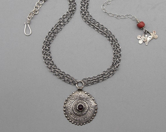 Tribal jewelry | antique Moroccan pendant | Berber silver | silver and red glass pendant | boho tribal necklace | Moroccan jewelry