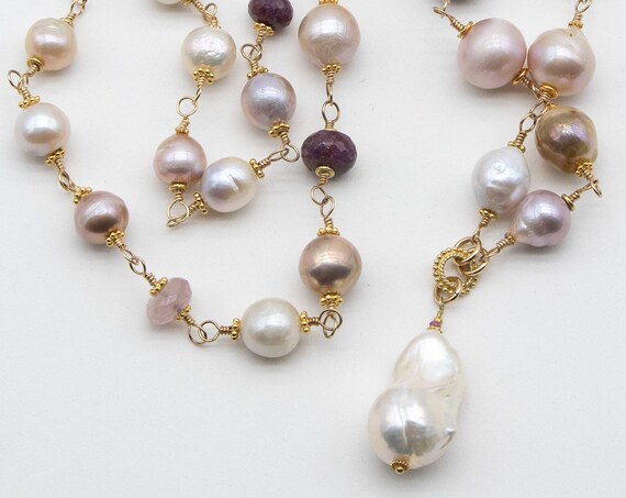 Long pearl necklace with ruby and rose quartz gemstone beads | baroque pearl pendant | long freshwater pearl necklace