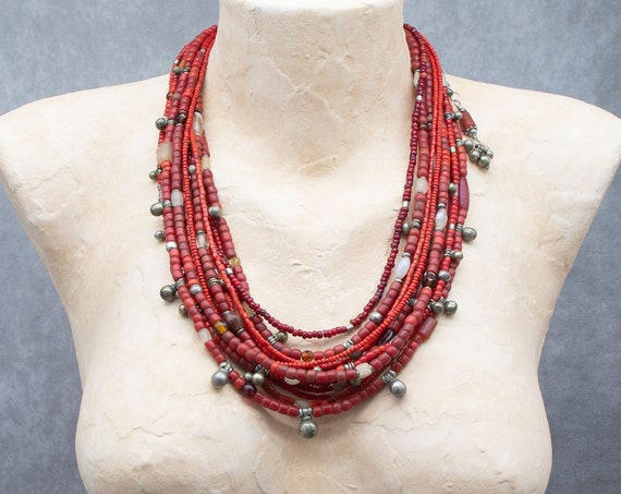 Red boho ethnic necklace | red statement necklace with African trade beads, tribal silver and Bohemian glass beads | red beaded necklace