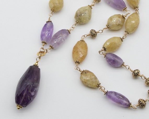 Large amethyst pendant necklace with heliodor beryl and amethyst gemstone beads | long amethyst necklace