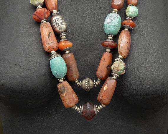 Long carnelian & turquoise beaded necklaces | ancient carnelian beads | Afghan turquoise| old tribal silver beads | Bohemian ethnic jewelry