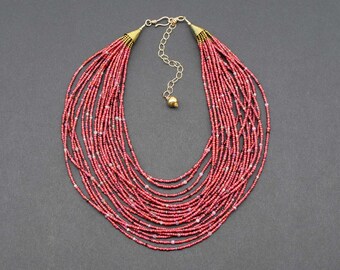 Red Multistrand Whiteheart Bead Necklace – Tourmaline & Garnet Statement Jewelry