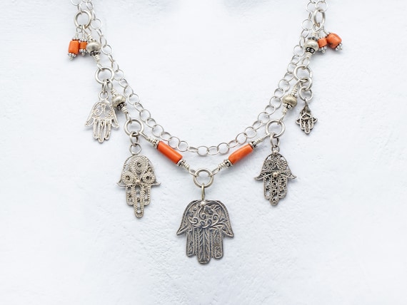 Hamsa charm necklace | small vintage Moroccan filigree hamsa pendants with Berber coral and sterling silver chain | boho necklace
