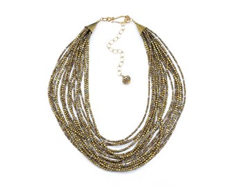 Labradorite and Brass Multistrand Necklace | 17 Strand Statement Piece with Faceted Gemstones & Gold Vermeil