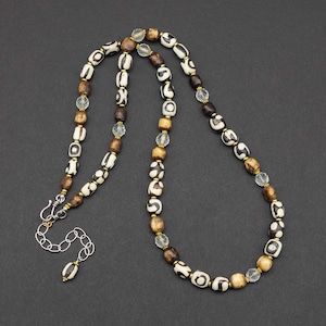 Long Batik Bone Necklace, Vintage African Trade Beads, Sterling Silver Clasp