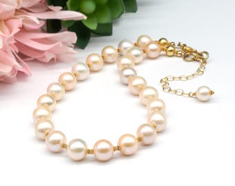 Lustrous Pearl Necklace with Angel Skin Moonstone and Gold Vermeil – Feminine Pearl Choker