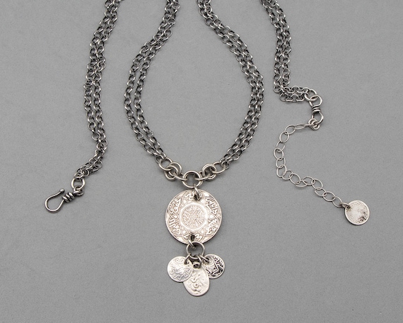 Large Moroccan coin necklace | unique Berber coin pendant on 4 strands of oxidized sterling silver rolo chain | tribal silver necklace