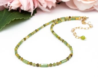 Green Tourmaline and Green Garnet Necklace with Gold Vermeil – Delicate Gemstone Choker