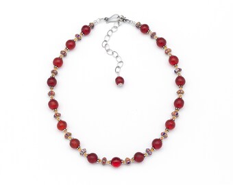Antique Red Glass Trade Bead Necklace with Chevron Beads and Carnelian
