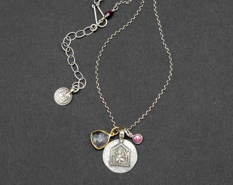 Vintage India Kali Necklace, Silver Hindu Amulet, Ruby & Crystal Quartz Charm