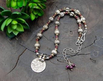 Vintage India Coin Necklace with Rubies and Antique Silver Fluted Beads