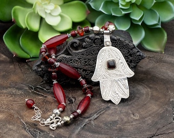 Vintage Silver Hamsa Necklace with Antique Red African Trade Beads