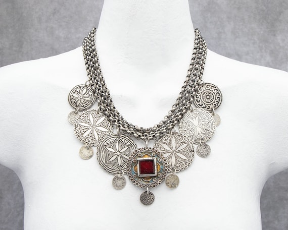 Spectacular Moroccan necklace | rare Ait Ouaouzguit pendant and antique Berber headdress ornaments on sterling silver chain