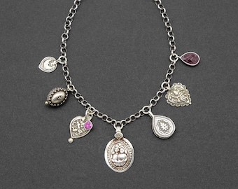India Silver Treasure Necklace with Ruby Charms and Hindu Amulets