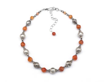 Antique Afghan Silver Bead Necklace with Carnelian Trade Beads