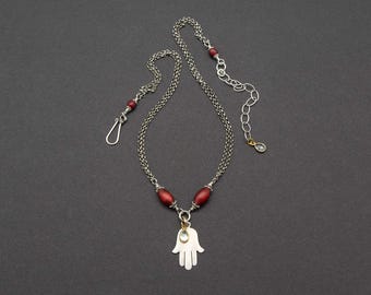 Silver Hamsa Necklace with Antique Red Whiteheart Beads and Crystal Charm