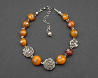 Moroccan Hollow Silver Bead Necklace, Berber Resin Statement Necklace