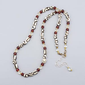 Long African necklace, black and white batik bone with antique faceted glass & red beads, artisan piece, ethnic beaded jewelry