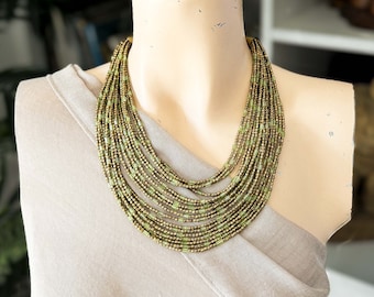 Peridot Multi-Strand Necklace with Antiqued Brass & Green Amethyst