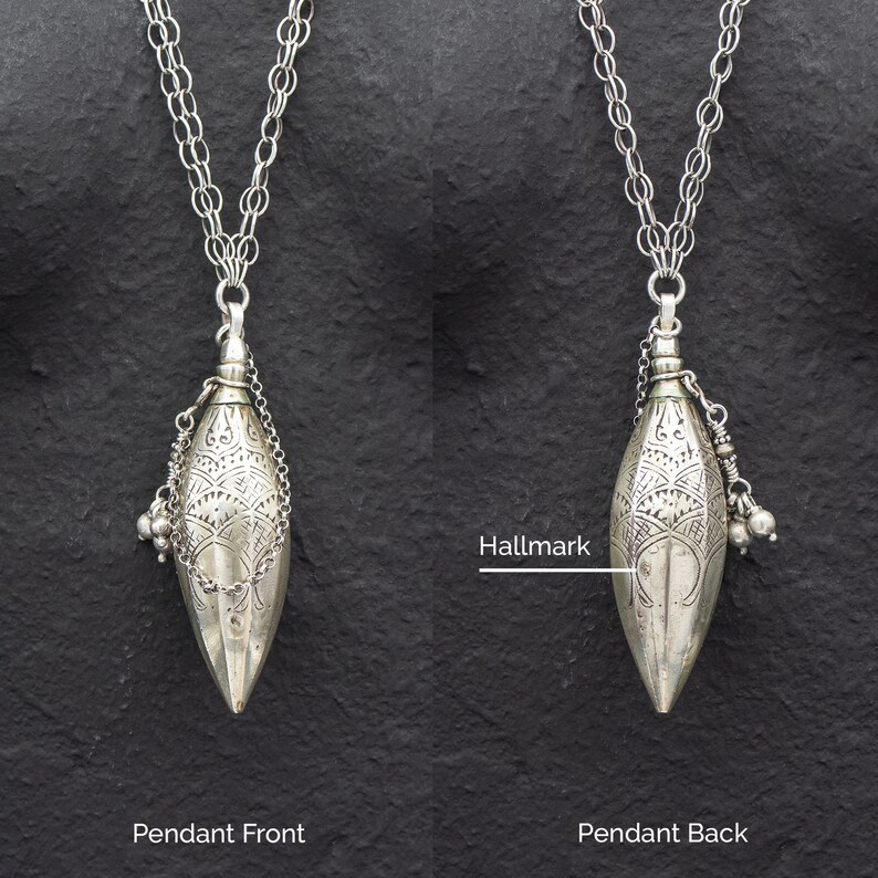 Vintage Silver Kohl Container Pendant Necklace, Moroccan Jewelry, Unique Tribal Necklace, Long