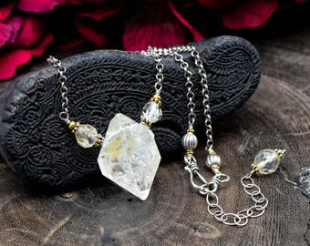 Large Herkimer Diamond Necklace – Raw Quartz Crystal Pendant in Sterling Silver and Gold