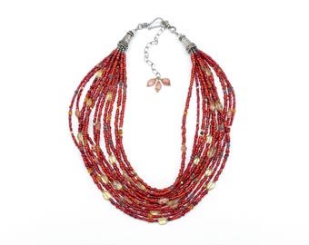 Multi-strand red whiteheart bead necklace – 11 strand gemstone statement