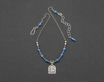 Kyanite Necklace with Silver Hindu Amulet and Blue Sapphire