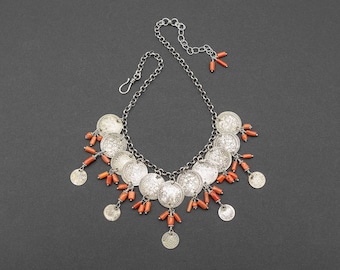 Ottoman Coin Necklace with Berber Coral and Moroccan Coin Charms