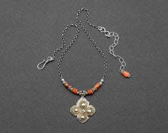 Moroccan Foulet Hamsa Pendant Necklace with Antique Coral and Silver