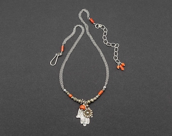 Moroccan Hamsa Necklace with Antique Coral and Tuareg Silver Beads